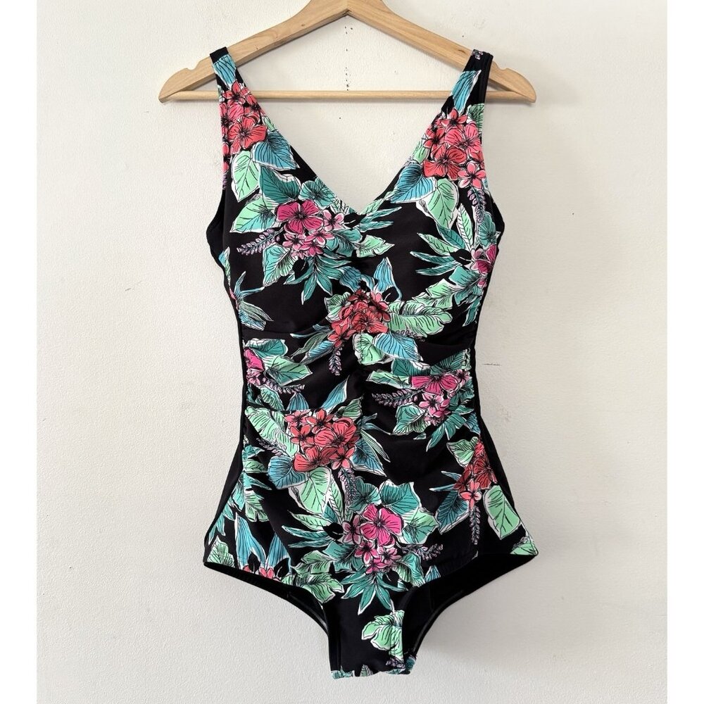 GABAR Swimwear One Piece Swimsuit Bathing Suit Black Floral Tropical Ruching 10‎